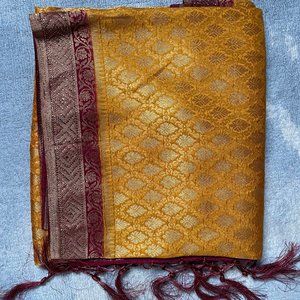 Jeweled Mustard Yellow and Maroon Red Sari and Jeweled Blouse
